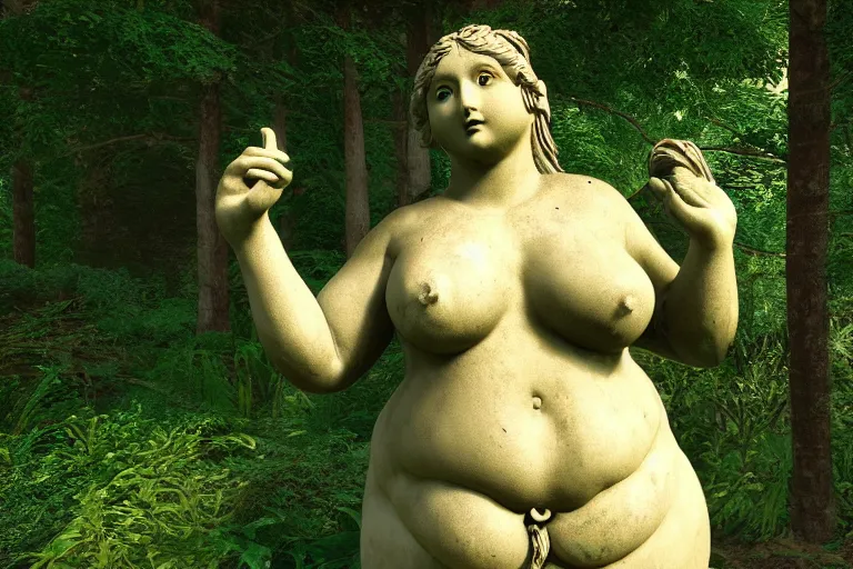 Prompt: an old and beautiful statue depicting the hearty and chubby goddess of earth and trees, lost in heart of the forest | overgrowth | sunshafts | volumetric lighting | ultradetailed | ultrarealistic | dramatic lighting | fantasy |