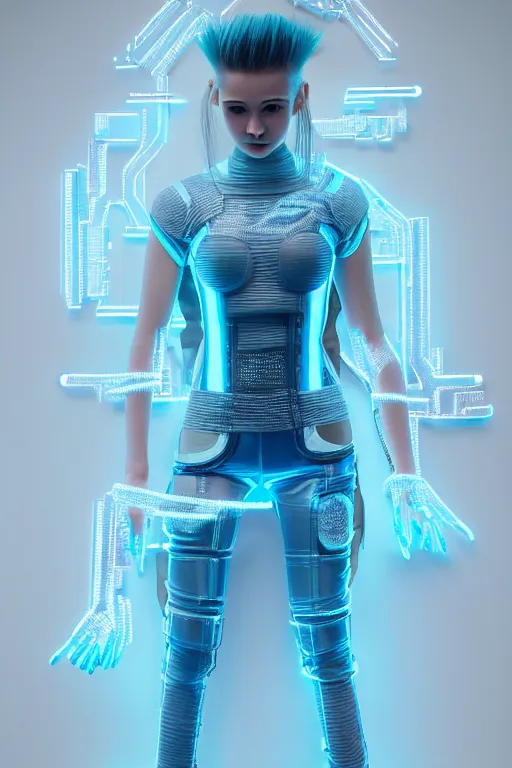 Image similar to full body shot of young punk woman dressed in futuristic cyberpunk clothing, soft blue light, by rineke dijkstra and artgerm, intricate details, highly detailed, masterpiece, 8 5 mm