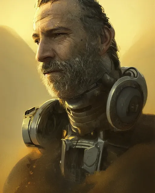 Prompt: a rugged middle aged engineer man with cybernetic enhancements and funky hair lost in the desert, short beard, scifi character portrait by greg rutkowski, esuthio, craig mullins, green eyes, 1 / 4 headshot, cinematic lighting, dystopian scifi gear, gloomy, profile picture, mechanical, half robot, implants, steampunk