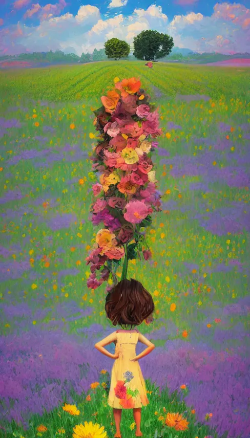 Image similar to girl with giant flower as a face and flower dress, standing in a flower field hills, big trees, sunrise dramatic light, impressionist painting, colorful clouds, digital painting, pointillism, artstation, simon stalenhag