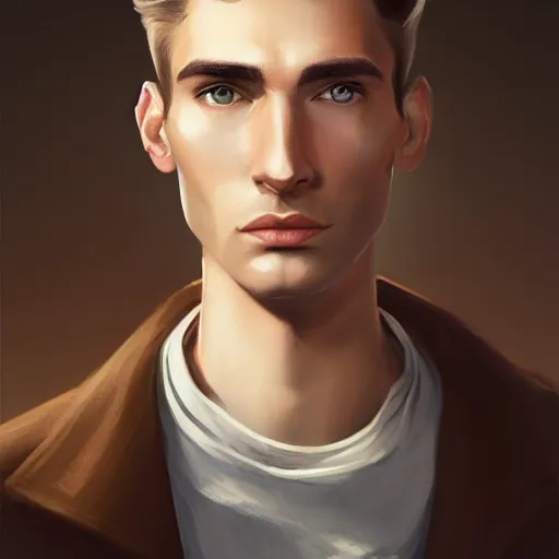 Image similar to tall man in his twenties with brown blond short quiff hair and thin slightly round facial structure with cleft chin, straight eyebrows and prominent nose, good definition of cheekbones, big hazel nut brown eyes, narrow face, slim body, atmospheric lighting, painted, intricate, 4 k, highly detailed by charlie bowater