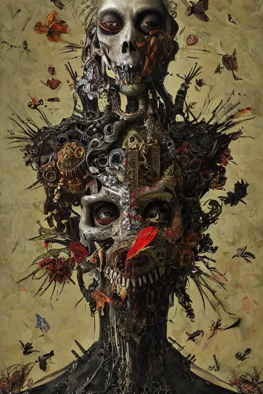 Prompt: Detailed maximalist portrait a with large lips and with large white eyes, angry expression, fleshy skeletal, botany, HD mixed media collage, highly detailed and intricate, Matte painting by Adrian Ghenie, Hans Baldung, Jaroslav Jasnikowski and James Jean, dark art, baroque