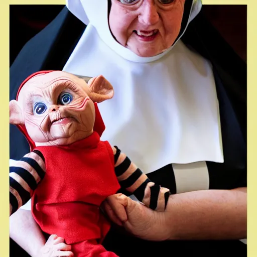 Prompt: a nun in church holding chucky the evil looking killer doll on her lap