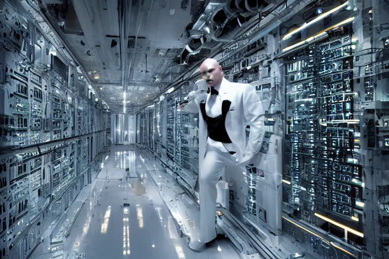 Image similar to cyborg - pitbull mr. worldwide in a marble server room, in 2 0 5 5, y 2 k cybercore, industrial low - light photography, still from a ridley scott movie