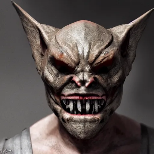 Image similar to a realistic vampire bat steel mask, epic scale, character concept art, face symmetry, intricate accurate details, artstation trending, octane render, cinematic color grading, soft light, rule of thirds, golden ratio, like a professional model, cinematic, 8 k, clear.