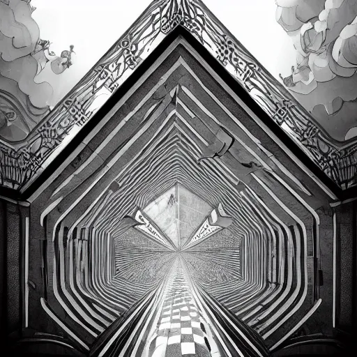 Prompt: perfectly-centered black and white chequered starcase ascending up a pyramid into the clouds, pillars on either side of the staircase, grain, surrealist, POV shot, intricate details, ornate, highly detailed, digital painting, artstation, concept art, smooth, sharp focus, illustration, Unreal Engine 5, 8K, art by Joe Fenton and M.C Esche and Rob Gonsalves