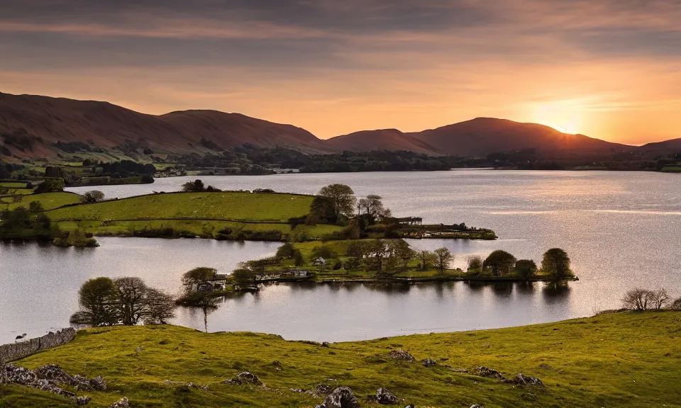 Prompt: sunset at the lake district