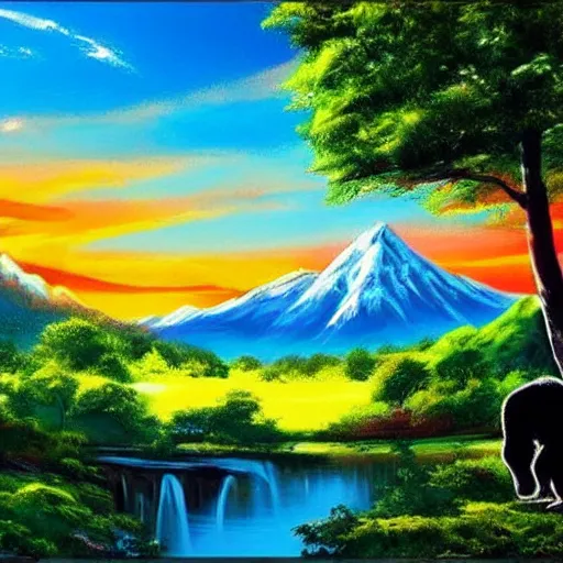 Image similar to beautiful landscape mountains, valley, sunset light, lots of wildlife and a gorilla. Bob Ross.