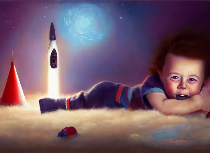 Image similar to toddler elon musk lying on a shaggy rug playing with his space rockets, realistic oil painting, beautiful soft lighting, istvan sandorfi