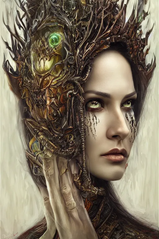 Image similar to single face portrait. very complex hyper-maximalist overdetailed cinematic darkfantasy portrait of an elegant very attractive but dangerous and wild queen dragon by andrei riabovitchev, tomasz alen kopera, oleksandra shchaslyva. Omnious intricate. Focus on face. Artstation. Deviantart. 8k 4k 64megapixel.