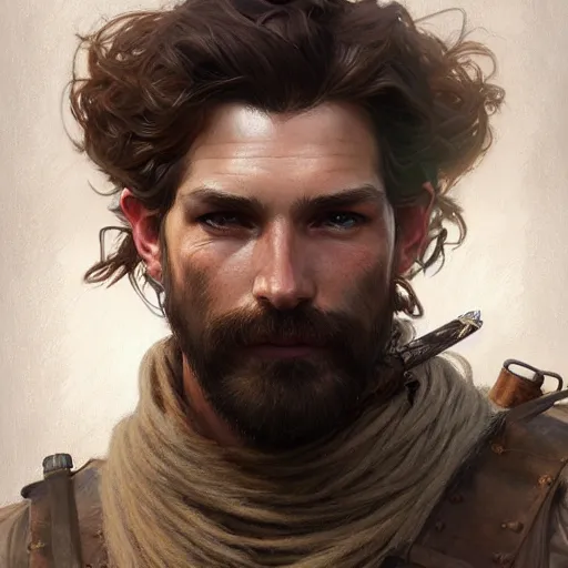 Image similar to portrait of a rugged ranger, full body, hairy torso, D&D, fantasy, intricate, elegant, highly detailed, digital painting, artstation, concept art, matte, sharp focus, illustration, art by Artgerm and Greg Rutkowski and Alphonse Mucha