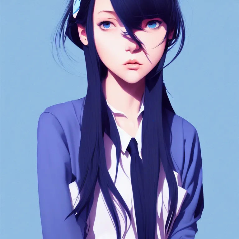 Prompt: urban high school girl in shirt fanart, dark blue long hair, muted colors, matte print, pastel colors, ornate, digital art, digital painting, fan art, elegant, artstation, by Ilya Kuvshinov