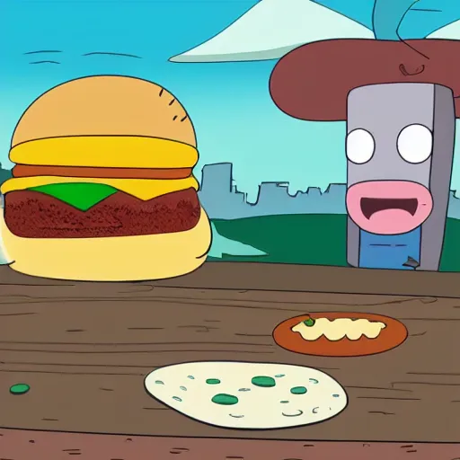 Image similar to Finn from adventure time eating a hamburger