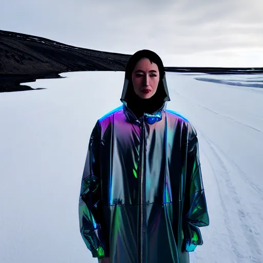 Image similar to an ultra high definition professional studio quality photograph of an artificially intelligent cyberpunk art influencer wearing a transparent iridescent pastel coloured face visor and matching ribbed raincoat on white coat hook in a sheer icelandic black rock environment. dramatic lighting. volumetric shadows. light rays