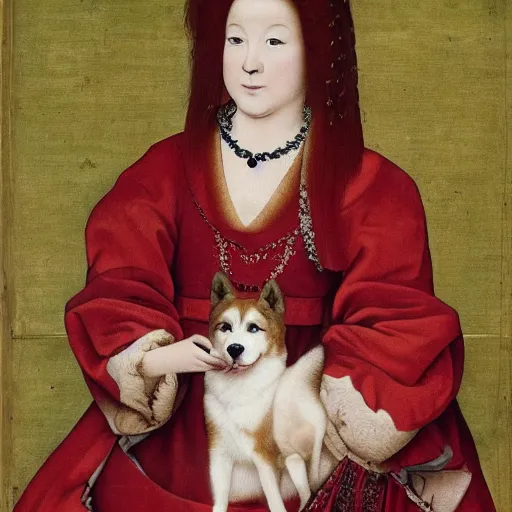 Image similar to potrait of red akita inu dog dressed as a queen in an ornate dress, renaissance painting