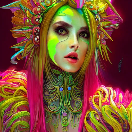 Image similar to a photograpic portrait of a anthropomorphic mimosa wearing colorful neon clothes, fantasy, intricate, elegant, highly detailed, digital painting, artstation, concept art, smooth, sharp focus, illustration, art by artgerm and H R Giger and alphonse mucha