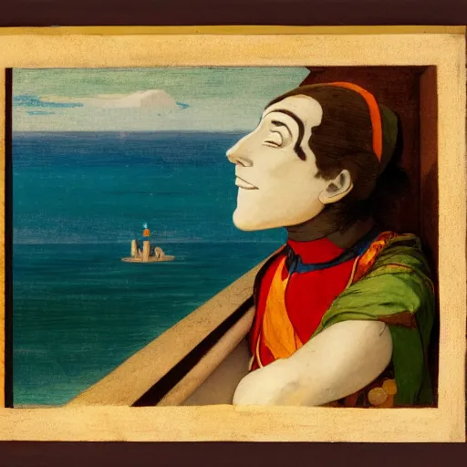 Prompt: A jester on the front of a Balustrade with a beach on the background, a colab between studio ghibli and paul delaroche