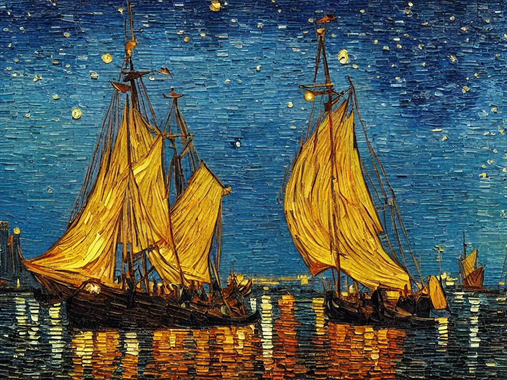 Prompt: oil painting of a viking longship entering port at new york city at night, light scatter, van gogh