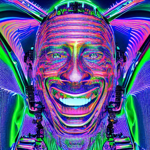 Prompt: product photo of a tshirt with a hyperdetailed portrait of a futuristic trippy smiling robot head, 8 k, symetrical, flourescent mulicolored, halluzinogenic