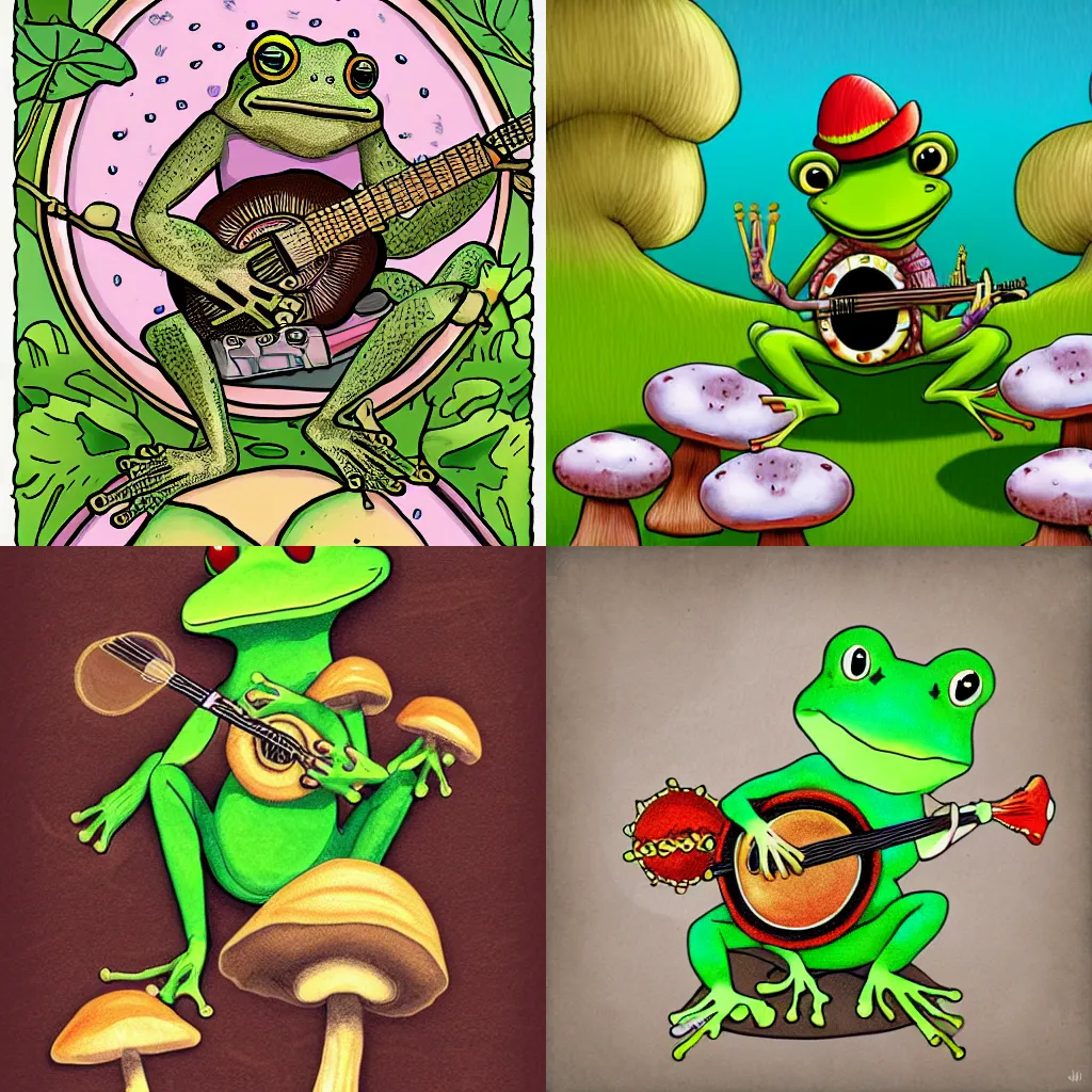 Prompt: frog playing banjo on top of mushrooms, digital illustration