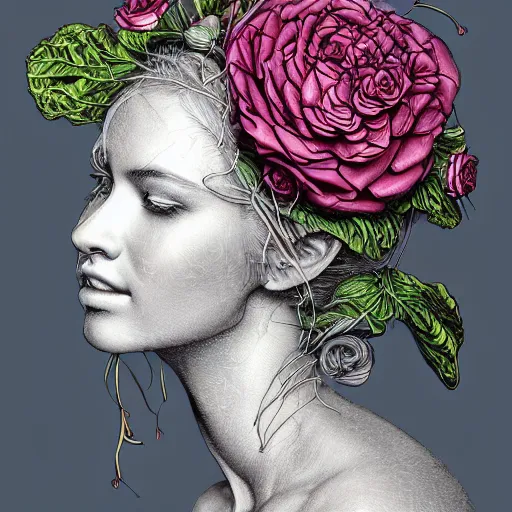 Prompt: the anatomy of a head of lettuce with roses that resemble a beautiful young woman of color looking up, an ultrafine detailed illustration by james jean, intricate linework, bright colors, final fantasy, behance contest winner, vanitas, angular, altermodern, unreal engine 5 highly rendered, global illumination, radiant light, detailed and intricate environment