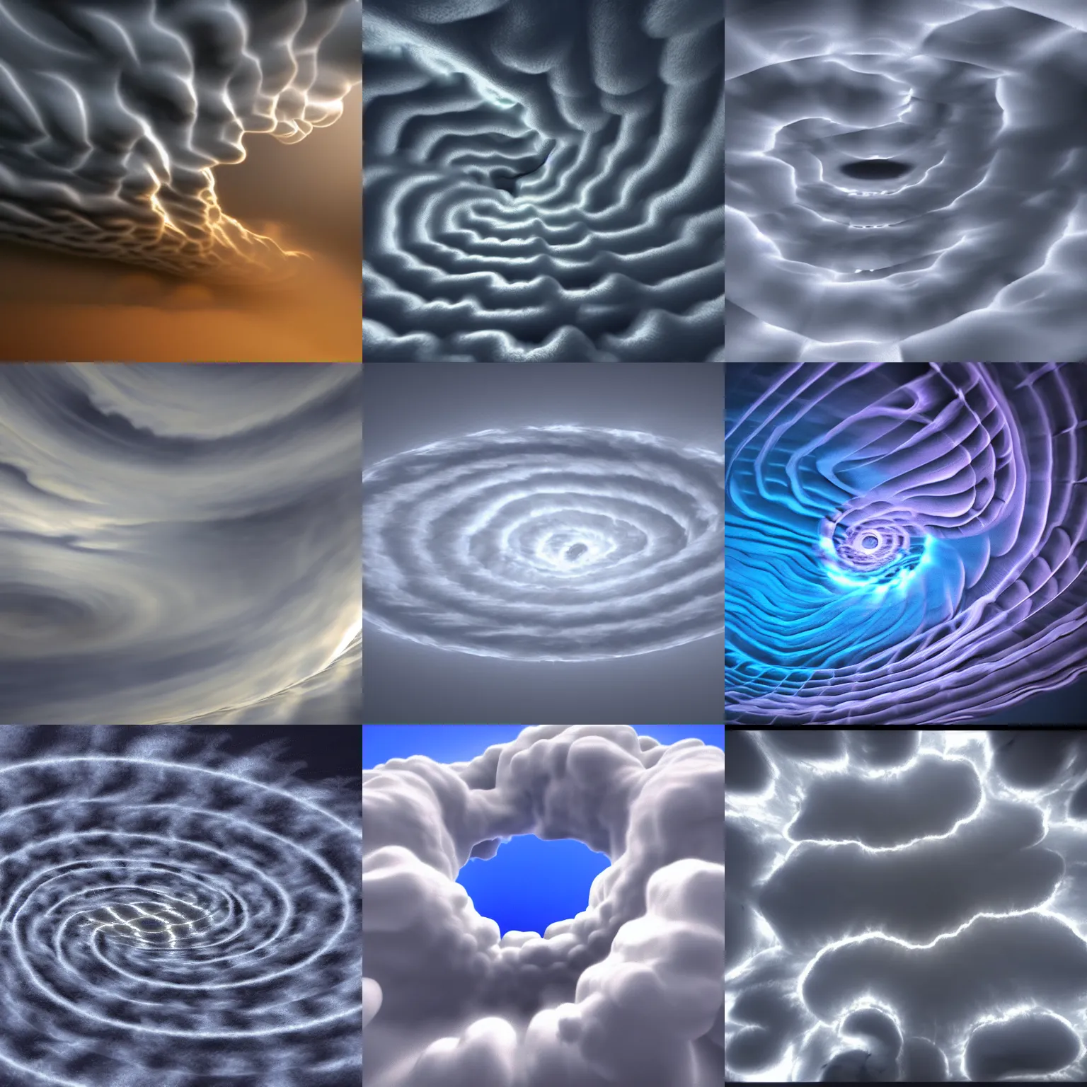 Prompt: cloud vortex, storm, symmetric, spiral, volumetric clouds, lightning, vibrant realflow simulation rendered in maya 3 d, photorealistic, intricate, soft lighting, glowing clouds, high quality 4 k trending on artstation