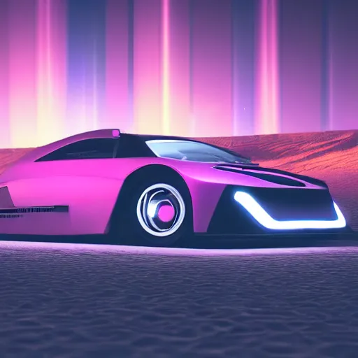 Prompt: cyberpunk neon car glowing against a desert background, nighttime photography, ray tracing, rtx, 4 k