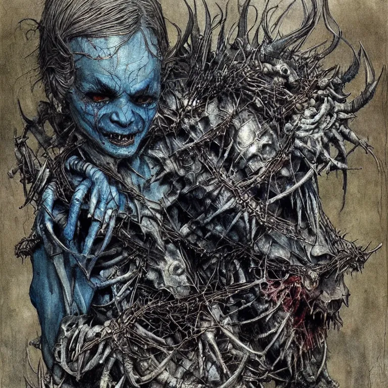 Image similar to a creepy armored horned fanged demon child with blue scarred skin wrapped in barbed wire. extremely high detail, realistic, fantasy art, solo, bones, masterpiece, saturated colors, tangled, ripped flesh, art by arthur rackham, dariusz zawadzki