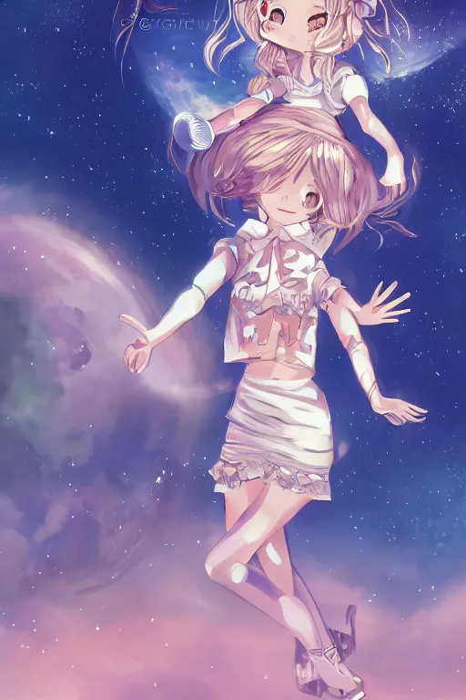 Image similar to anime girl space girl on the moon waving, cute, fantasy, intricate, elegant, highly detailed, digital painting, 4k, HDR, concept art, smooth, sharp focus, illustration, art by Serafleur