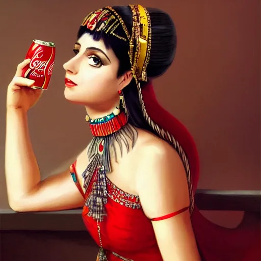 Image similar to a fancy portrait of cleopatra having a coca cola light during lunch break, concept art, detail, realistic, trending on art station, beautiful, colorful, dreamlike