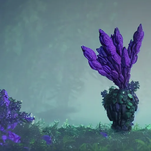 Prompt: stylized alien plant made of gree crystals with purple leaves, cinematic, moody, hdr, unreal engine