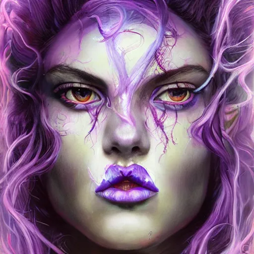 Image similar to art portrait of a furious girl with think, hair-like purple tentacles on her head and bright purple eyes, 8k,by tristan eaton, Stanley Artgermm,Tom Bagshaw,Greg Rutkowski,Carne Griffiths,trending on DeviantArt, face enhance,hyper detailed ,full of colour,