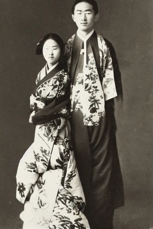 Prompt: anthropomorphic asian black bear in traditional Japanese mens clothing, posing with Japanese girl in kimono, 1900s photo