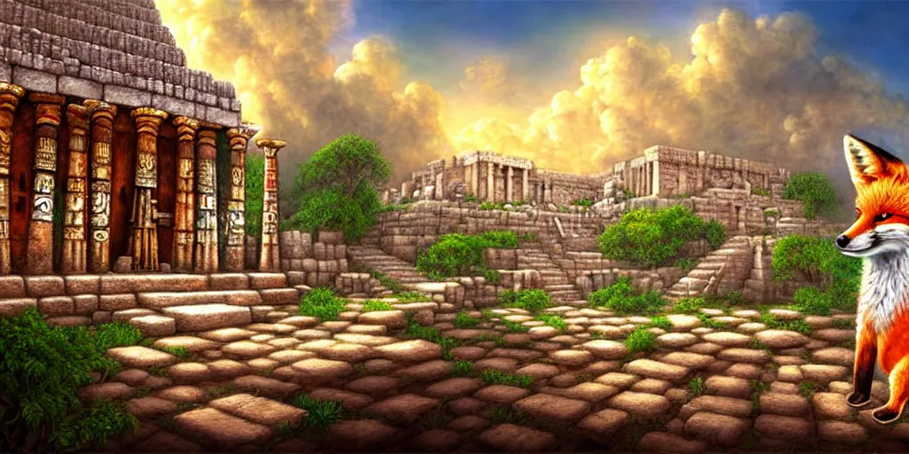 Image similar to illusion painting hidden temple : an adorable small fox in the huge ruins of the second temple in jerusalem in the distance. the third temple hovers quietly hiding in the dreamy clouds above. a hooded bearded old man in a brown tunic laughing, colorful 8 k, art station, intricate superb details, digital art, illusion painting hidden image.