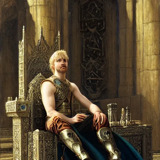 Image similar to attractive king arthur pendragon, sat in his throne, big arches in the back, natural lighting, path traced, high quality, very detailed digital painting, by gaston bussiere, craig miller, j. c. leyendecker