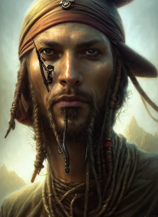 Image similar to closeup portrait shot of a pirate in a scenic dystopian environment, intricate, elegant, highly detailed, centered, digital painting, artstation, concept art, smooth, sharp focus, illustration, artgerm, tomasz alen kopera, peter mohrbacher, donato giancola, joseph christian leyendecker, wlop, boris vallejo