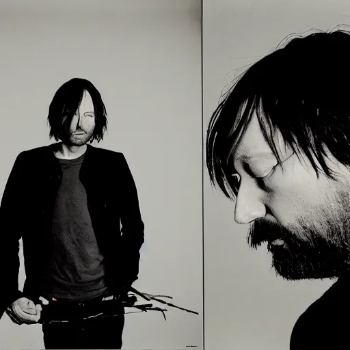 Image similar to Radiohead, Radiohead, Thom, holding the moon upon a stick, with a beard and a black jacket, a portrait by John E. Berninger, dribble, neo-expressionism, uhd image, studio portrait, 1990s