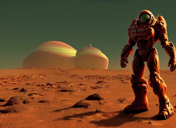 Image similar to “ doom marine, standing on martian rock, in front of mars base, space ship in background, octane render, digital art ”