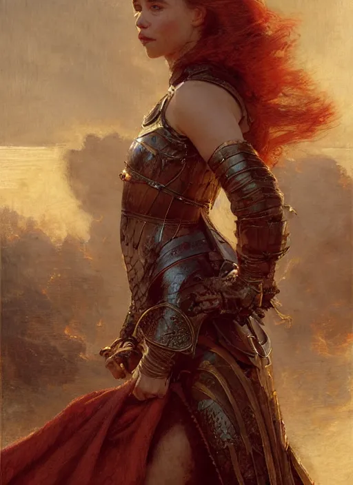 Prompt: short muscular redheaded woman wearing realistic medieval armour, emilia clarke staring seductively, staring seductively, detailed by gaston bussiere, bayard wu, greg rutkowski, giger, maxim verehin, greg rutkowski, masterpiece, sharp focus, cinematic lightning