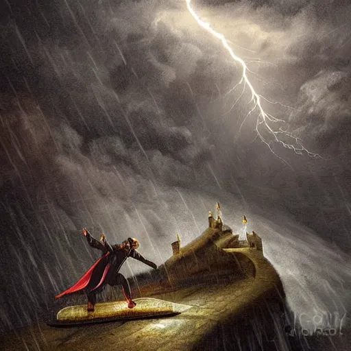 Image similar to dracula skiing down a mountain a night in a thunderstorm, digital art, highly detailed, epic composition, cinematic lightning