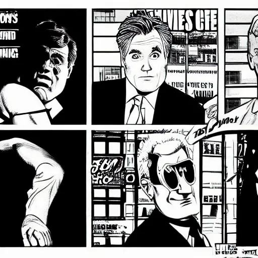 Image similar to jay leno, conan o'brien, david letterman drawn in the style of frank miller's sin city comics, black and white, panels