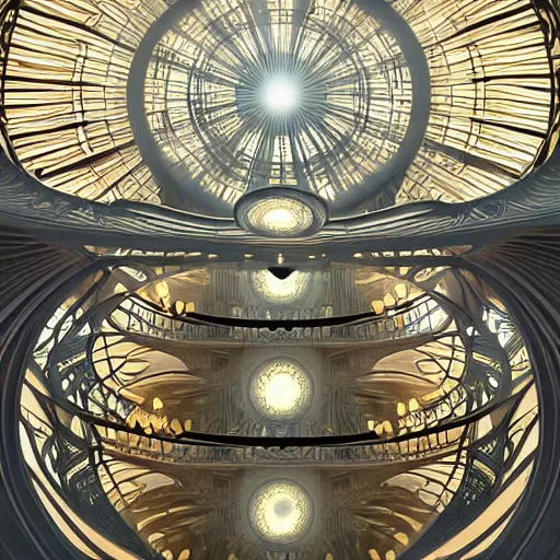 Image similar to big spiral stairways to heaven, inhabited on many levels, flying birds, shining light, strong perspective, clear geometry, architecture, glowing halo, fantasy, intricate, elegant, highly detailed, digital painting, artstation, concept art, smooth, sharp focus, art by anthony macbain + greg rutkowski + alphonse mucha, concept art, 4k, sharp focus, cinematic unreal engine