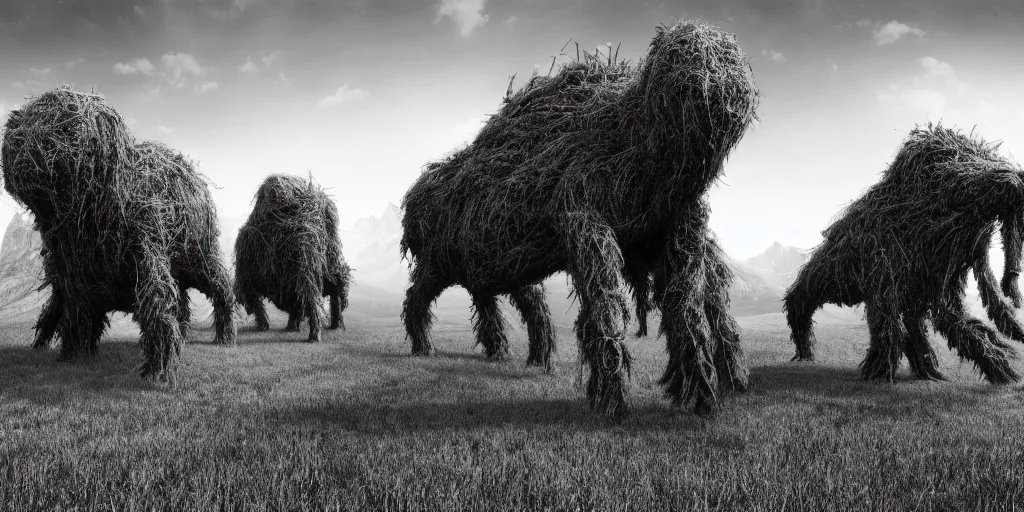 Image similar to photography of hay monsters, dancing, forest, dolomites, alpine, detailed intricate insanely detailed octane render, 8k artistic 1920s photography, photorealistic, black and white, chiaroscuro, hd, by David Cronenberg, Raphael, Caravaggio