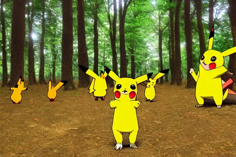 Prompt: an anime forest full of Pikachu