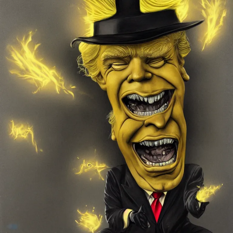 Image similar to a caricature of Donald Trump, with glowing yellow eyes, in style of Tom Bagshaw