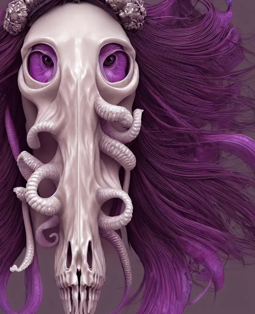 Prompt: goddess princess face close-up portrait ram skull. hard surface modelling zbrush. jellyfish phoenix head, nautilus, orchid, skull, betta fish, bioluminiscent creatures, intricate artwork by Tooth Wu and wlop and beeple. octane render, trending on artstation, greg rutkowski very coherent symmetrical artwork. cinematic, hyper realism, high detail, octane render, 8k