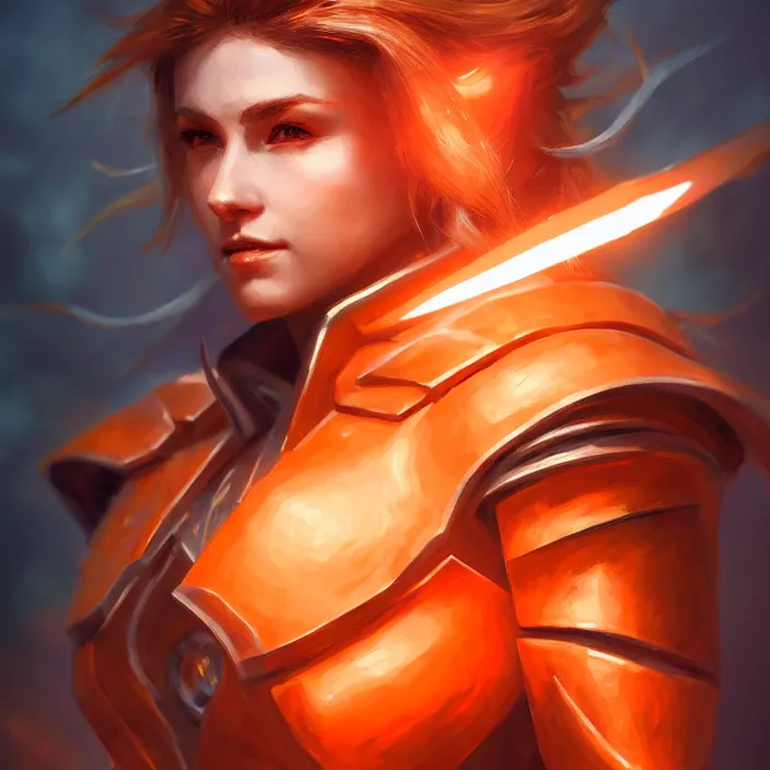 Image similar to masterpiece portrait of a d & d ranger with her quantum armor, orange and white, volumetric lighting, fantasy, intricate, elegant, lifelike, photorealistic, artstation, concept art, sharp focus, magic the gathering art