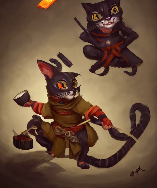 Prompt: a portrait of an anthropomorphic cat ninja eating sushi, ninja outfit, standing in a restaurant, cute and adorable, dnd character art portrait, well rendered matte fantasy painting, deviantart artstation, by jason felix by steve argyle by tyler jacobson by peter mohrbacher, cinematic lighting