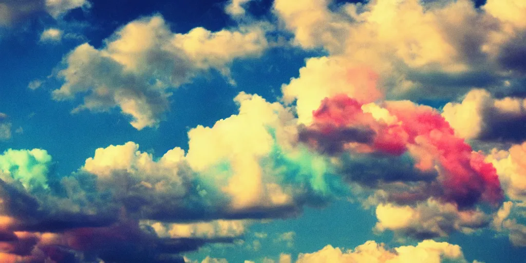 Prompt: analog photo of colourful clouds in the sky, high definition