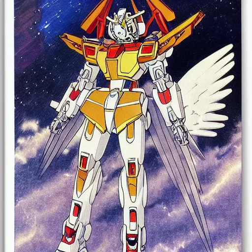 Image similar to anime manga mecha gundam robot astronaught with angel wings portrait by Alphonse Mucha art nuevou